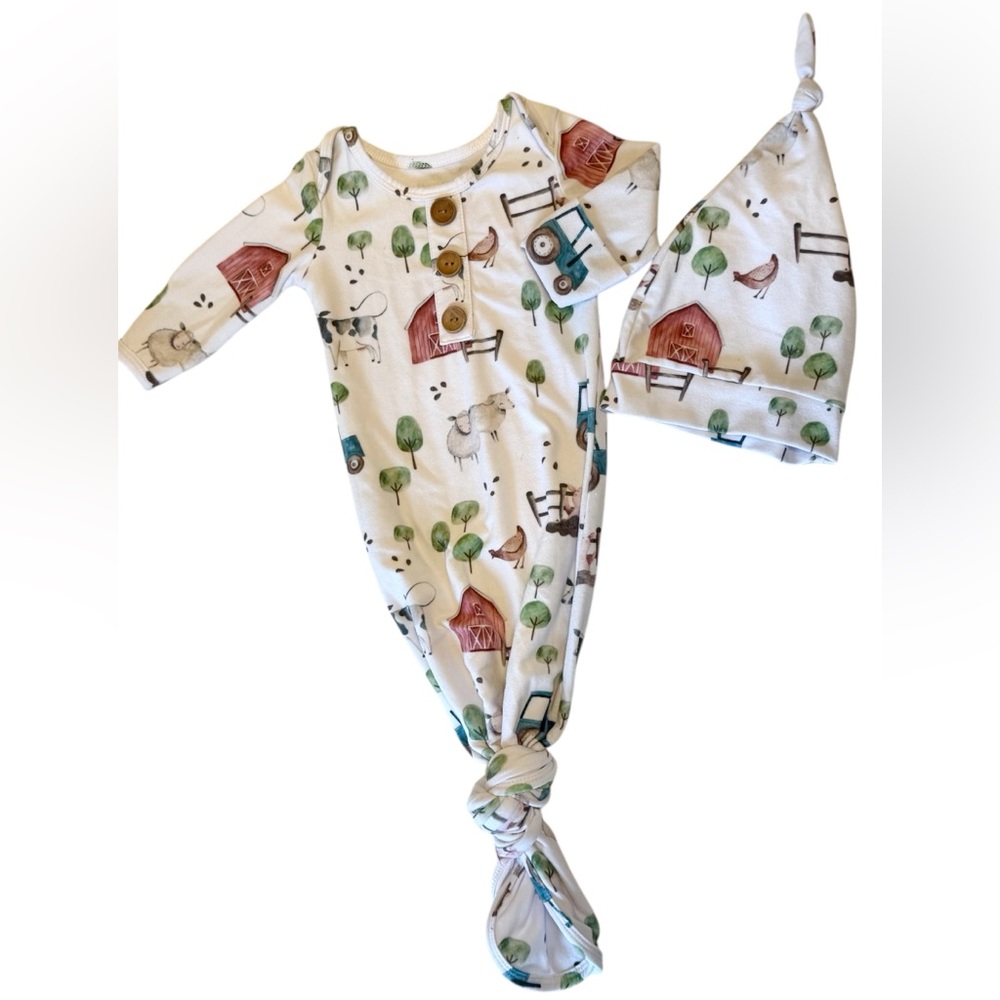 Caden Lane Farm Animal Print Newborn Baby Boy Knot Gown and Hat Set